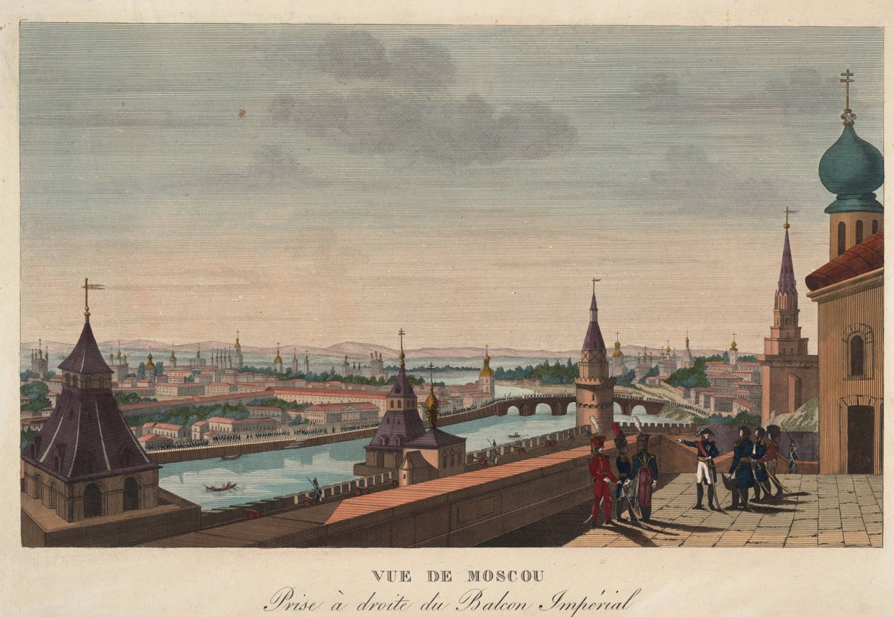 Utsikt over Moskva fra balkongen til det keiserlige palass, Russland"" (Utsikt over Moskva tatt fra balkongen til det keiserlige palass) Gravering av Henri Courvoisier-Voisin (1757-1830) - 1812 Dim 40,7x55,6 cm Privat samling av Henri Courvoisier Voisin