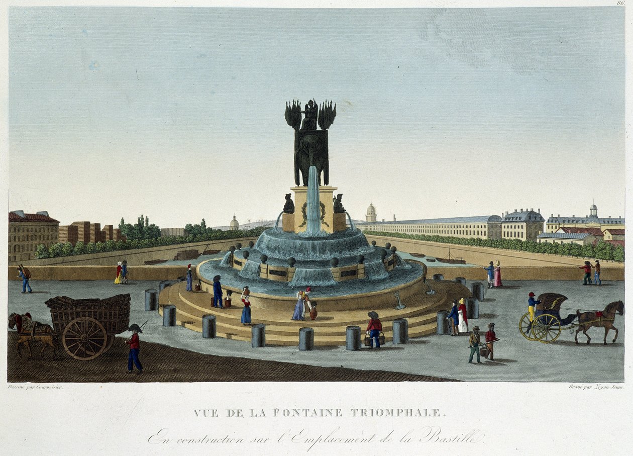 Utsikt over triumffontenen ved Bastillen - i "" Views of Paris"" av Courvoisier av Henri Courvoisier Voisin
