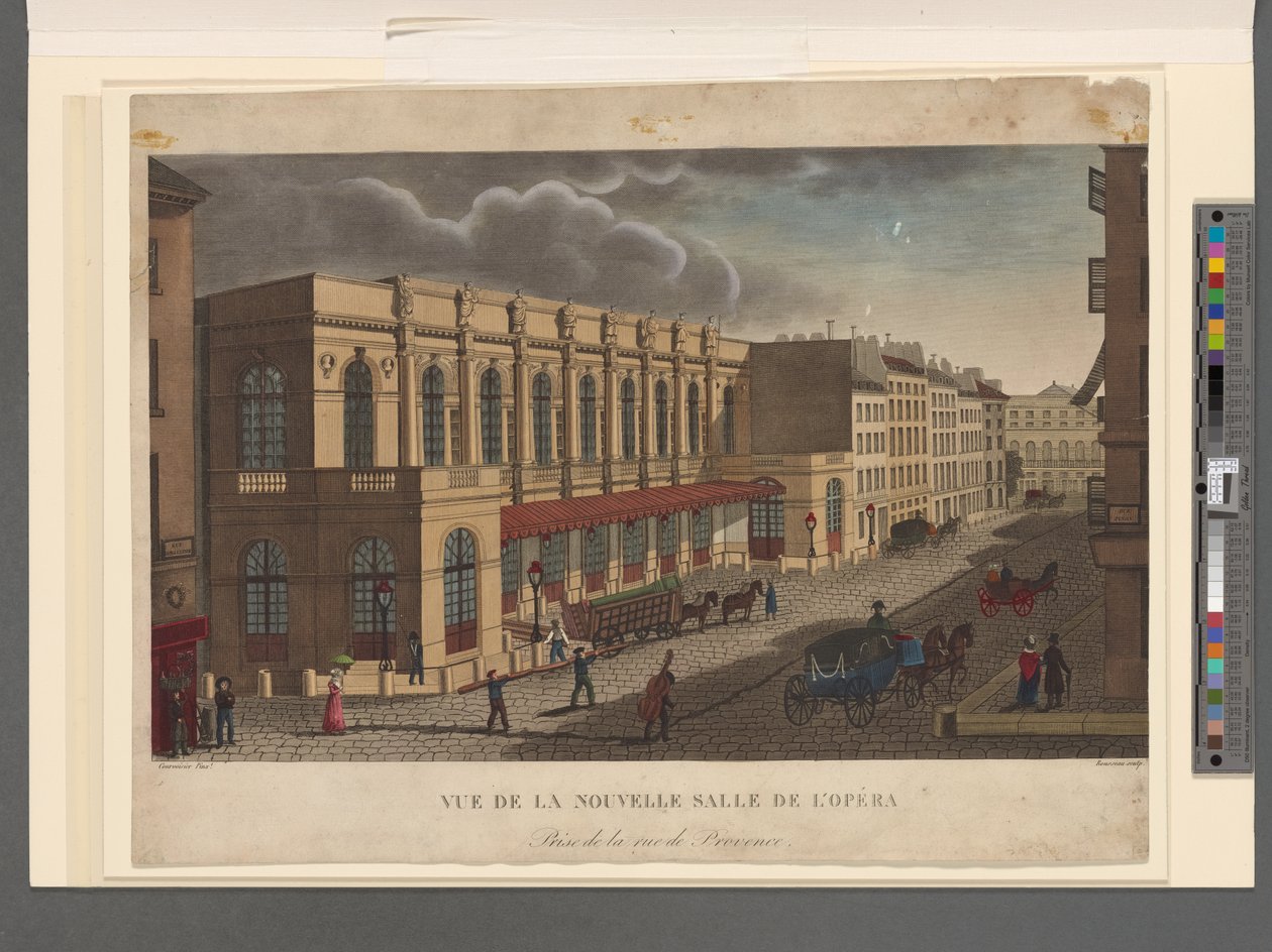 Utsikt over den nye operahallen tatt fra rue de Provence, gravert av Rousseau, ca. 1821 av Henri Courvoisier Voisin