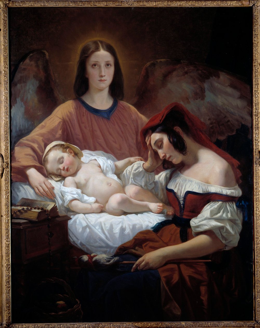 The Guardian Angel En engel våker over en mor og hennes sovende barn. Maleri av Henri Decaisne (1799-1852) av Henri Decaisne