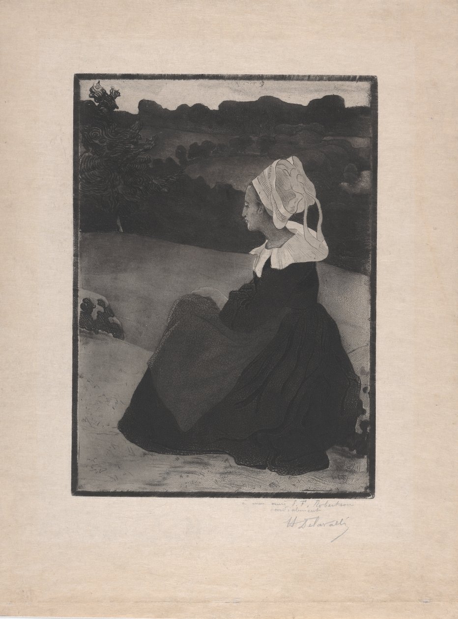 Bretonne assise (Sittende Bretonsk kvinne) ca. 1893 (myk bakken etsing og akvatint) av Henri Delavallee