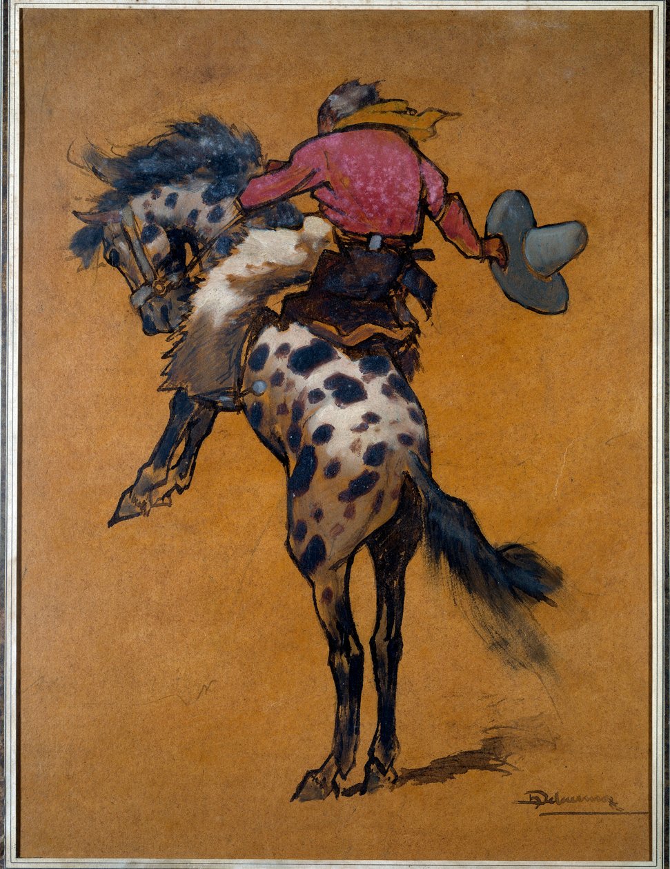 Rodeo: "" Cowboy on a horse bronco cabre"" Tegning av Henri Deluermoz (1876-1943) 20. århundre La Rochelle, New World Museum av Henri Deluermoz