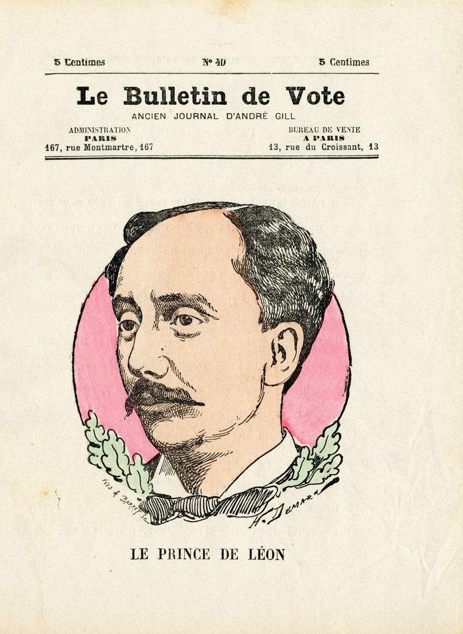 Stemmeseddel 2. serie, Satirical in Colours: Prince de Leon - Illustrasjon av Henri Demare (1846-1888) av Henri Demare