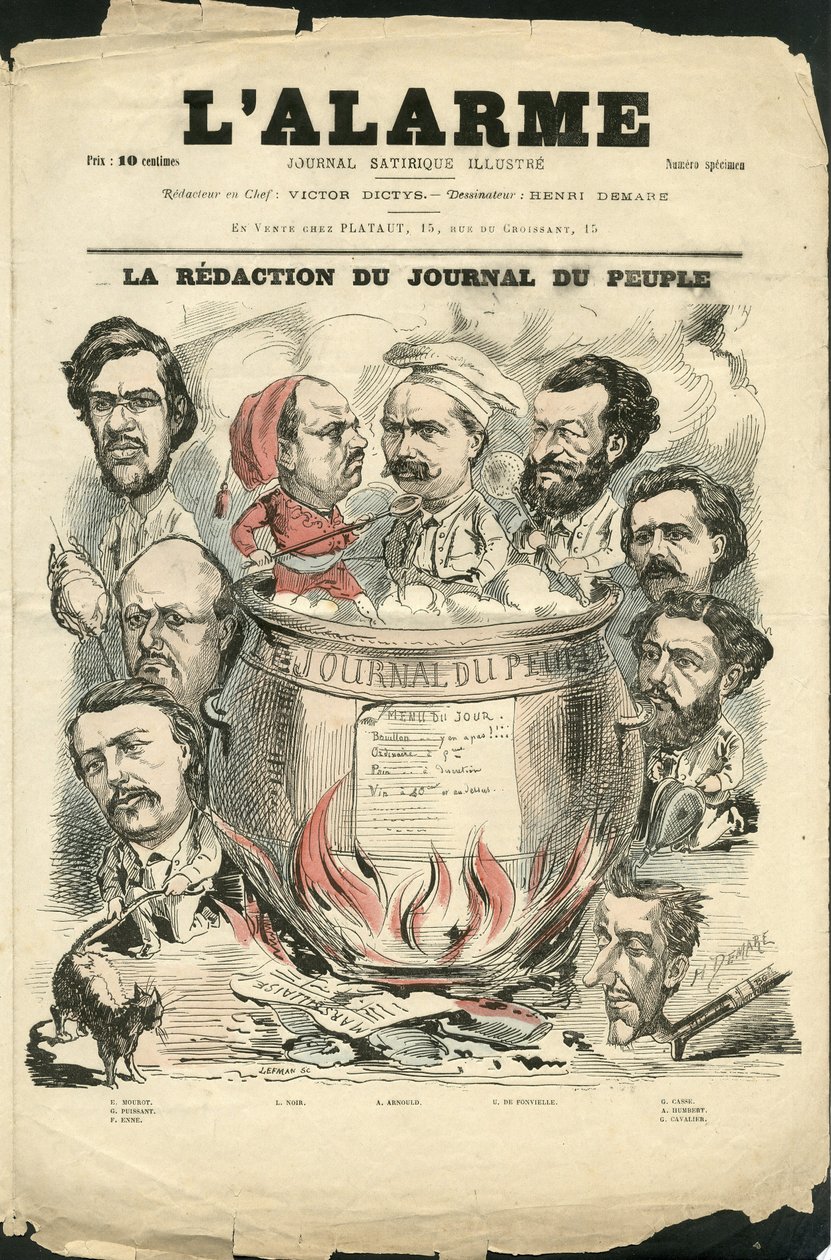 Illustrasjon av Henri Demare (1846-1888) for omslaget til L'Alarm - Draftsers, Press/Media, Verifier-datoer - Humbert Albert, Casse Germain, Arnould Arthur, Journalist, De Fonvielle Ulric, Cavalie Georges, Noir L, Mourot E, Enne F, Mighty G av Henri Demare