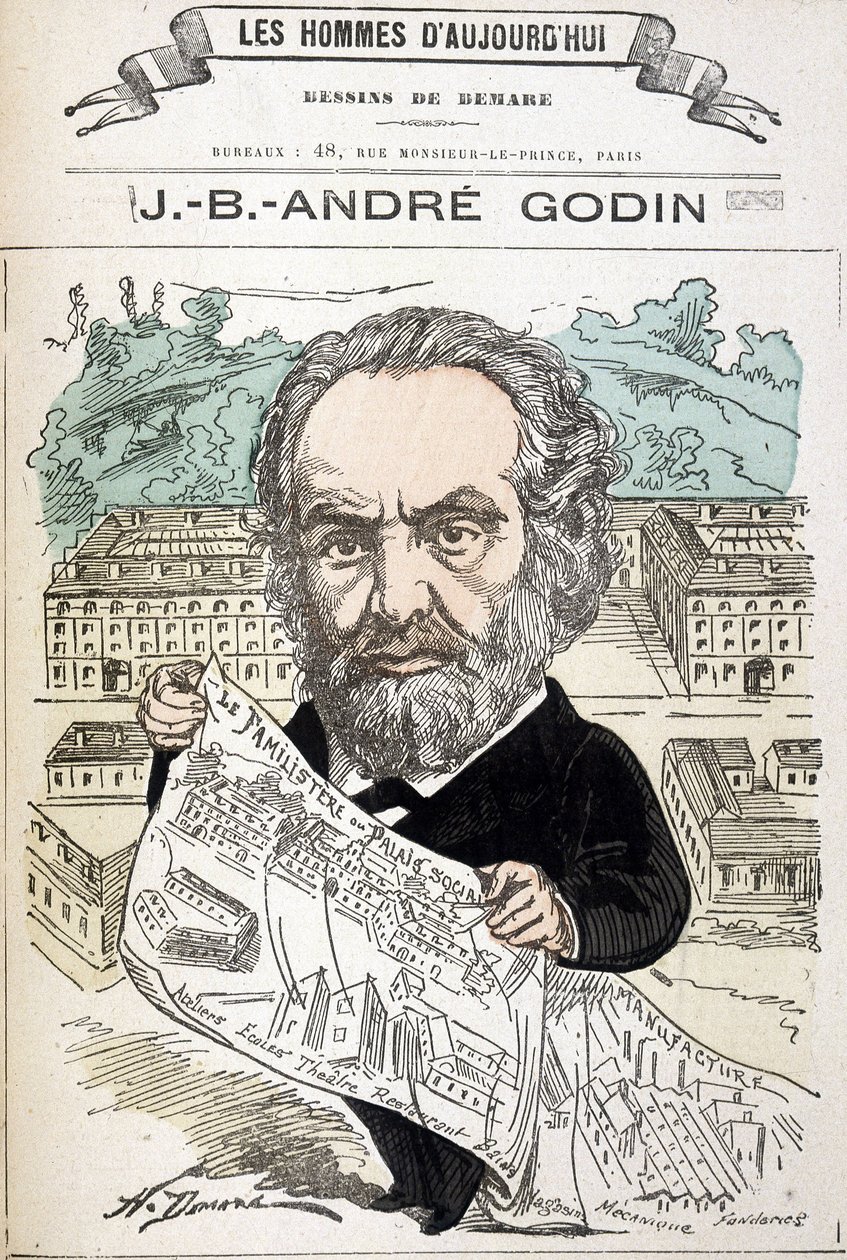 Jean Baptiste André Godin (1817-1888), industrimann grunnlegger av familien. Tegning av Demare I "The men of today"". av Henri Demare
