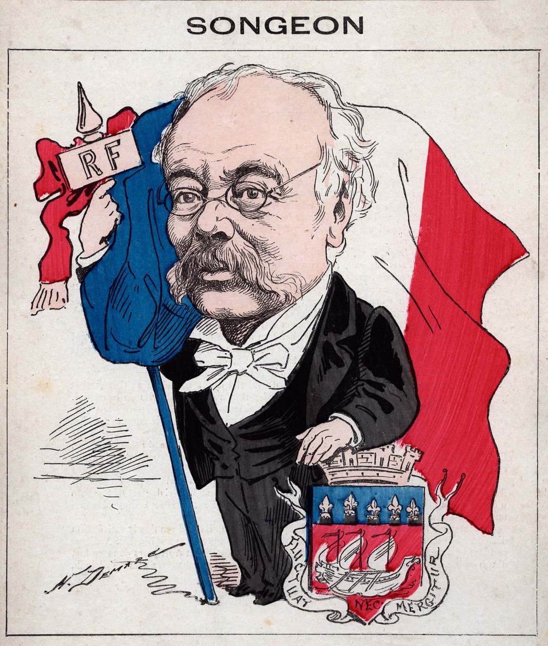 Portrett av Jacques Songeon (1818-1899) tidligere president for kommunestyret i Paris - karikatur av Henri Demare i "Les Hommes d