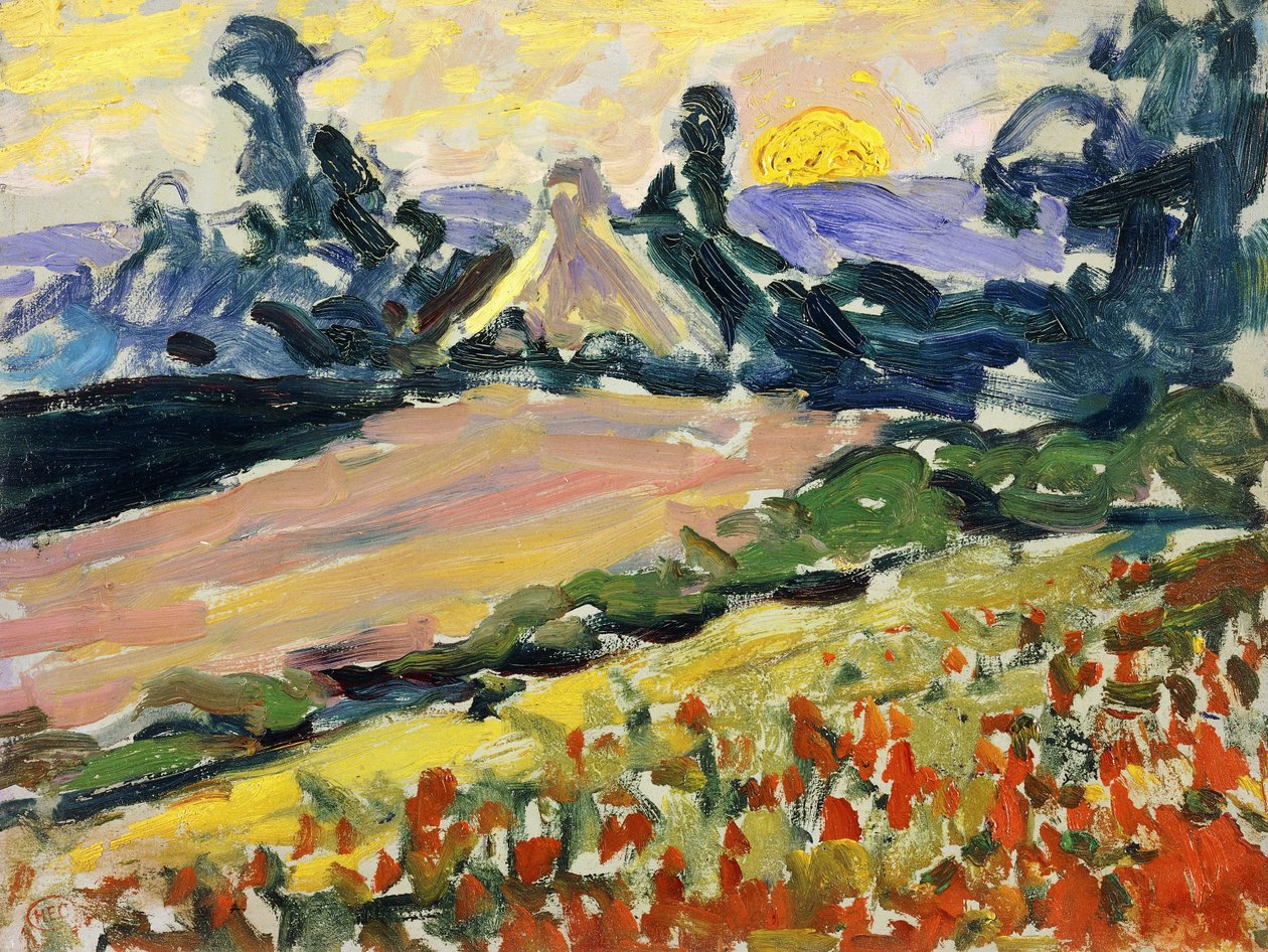 Landskap ved solnedgang; Landskap ved solnedgang, av Henri Edmond Cross