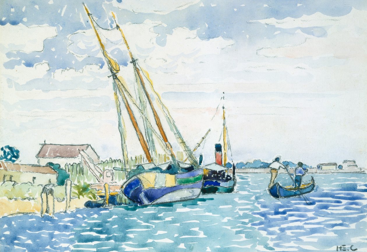 Marine Scene (Båter nær Venezia), 1903 (wc over grafitt på hvitt vevd papir tørrmontert på kraftig vevd kort) av Henri Edmond Cross