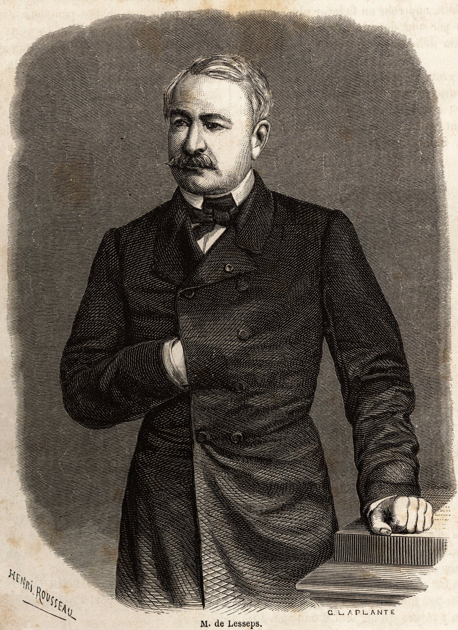 Portrett av Ferdinand de Lesseps (1805-1894) diplomat og gründer, pådriver for de to ambisiøse prosjektene: Canals of Suez og Panama, tegning av Henri Rousseau, for å illustrere en ekskursjon til Suez-kanalen i 1862 av Paul Merruau. Gravering i "" av Henri Emilien Rousseau