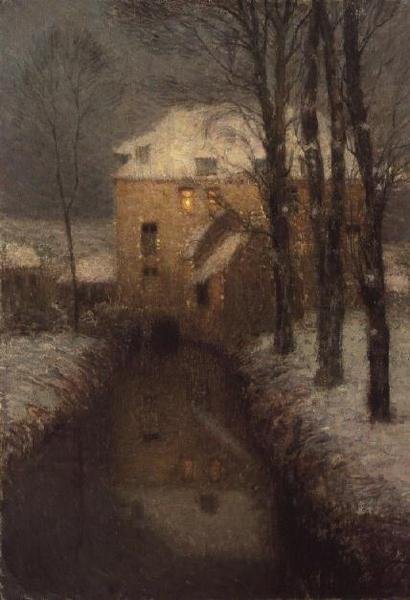 Et hus om vinteren (olje på lerret) av Henri Eugene Augustin Le Sidaner