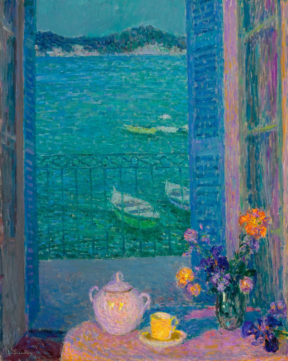 Bukett med blomster ved vinduet, Villefranche sur mer - Blomsterbunt ved vinduet, Villefranche-sur-Mer - Maleri av Henri Le Sidaner (1862-1939) av Henri Eugene Augustin Le Sidaner