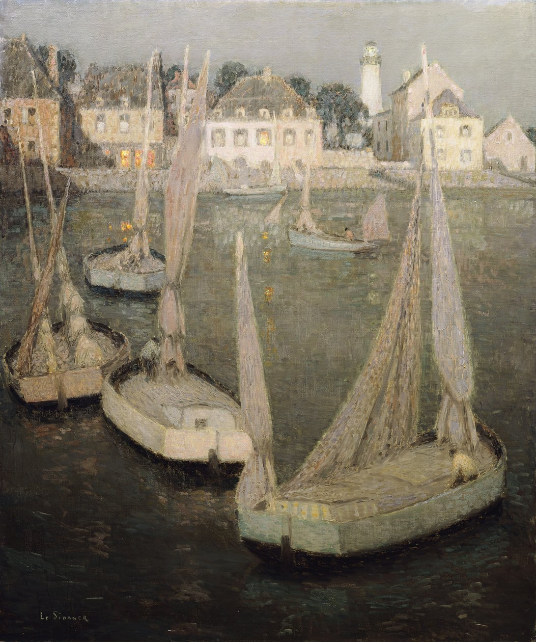 Breton Port by Moonlight; Port Breton av Moonlight av Henri Eugene Augustin Le Sidaner