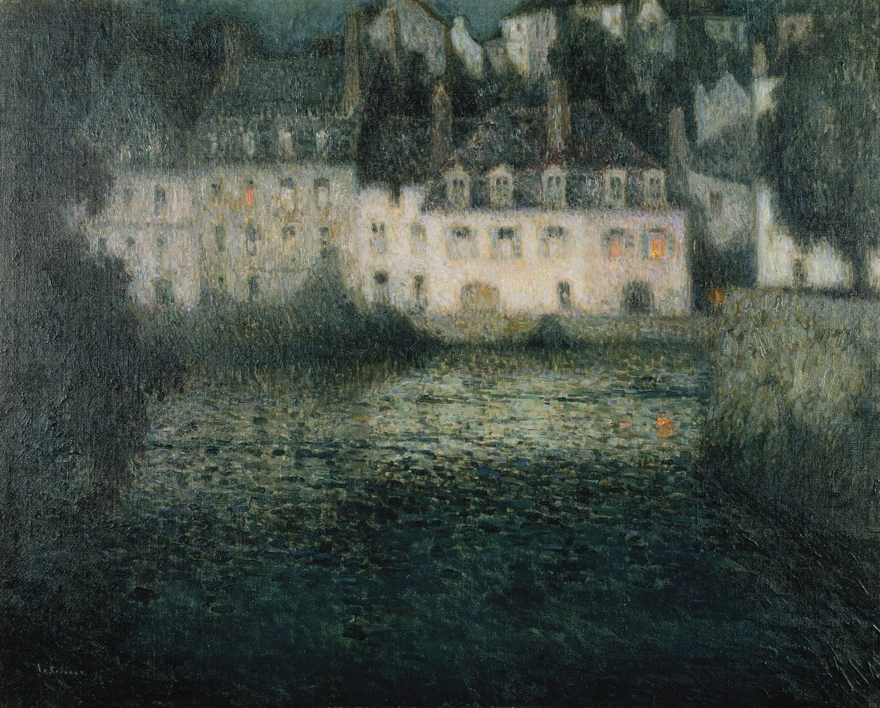 Hus ved elven i måneskinnet; Hus ved Moonlight River, Quimperle av Henri Eugene Augustin Le Sidaner