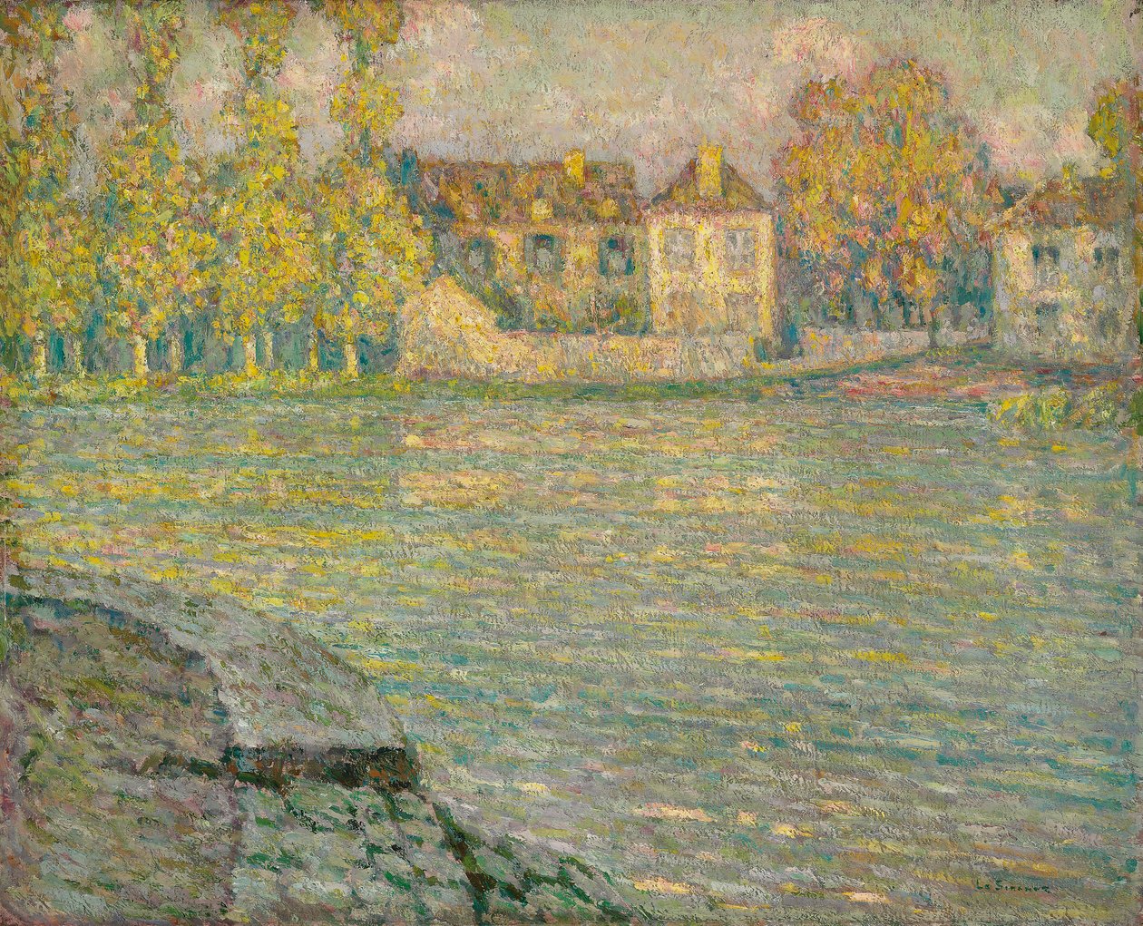 Hus ved elven ved solnedgang, Moret; Hus ved elven ved solnedgang, Moret av Henri Eugene Augustin Le Sidaner