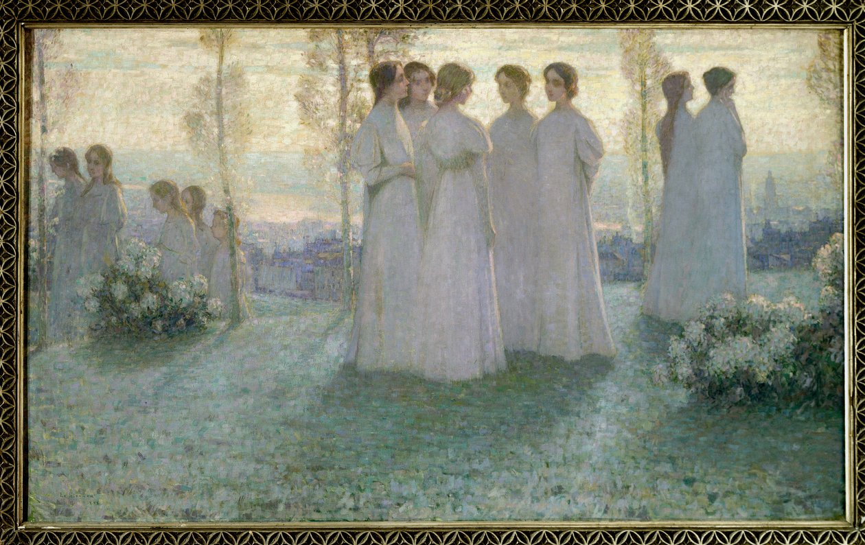På søndag, kvinne kledd i hvitt snakker i en hage - Maleri av Henri Eugene (Henri-Eugene) Le Sidaner (1862-1939) av Henri Eugene Augustin Le Sidaner