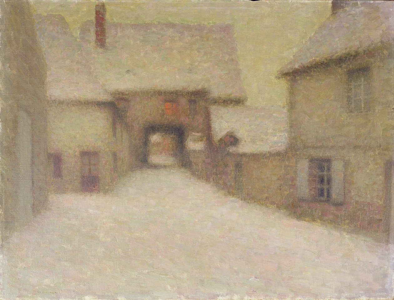 Snow, den gamle landsbyen, Gerberoy, 1902 av Henri Eugene Augustin Le Sidaner