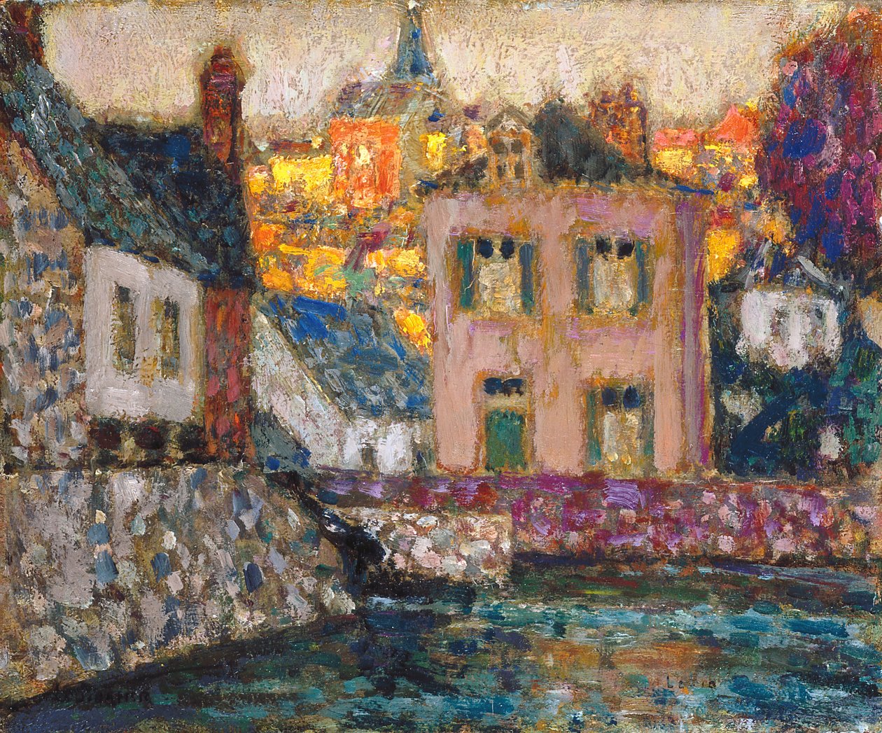 Studie for hus ved elven ved Fougères av Henri Eugene Augustin Le Sidaner