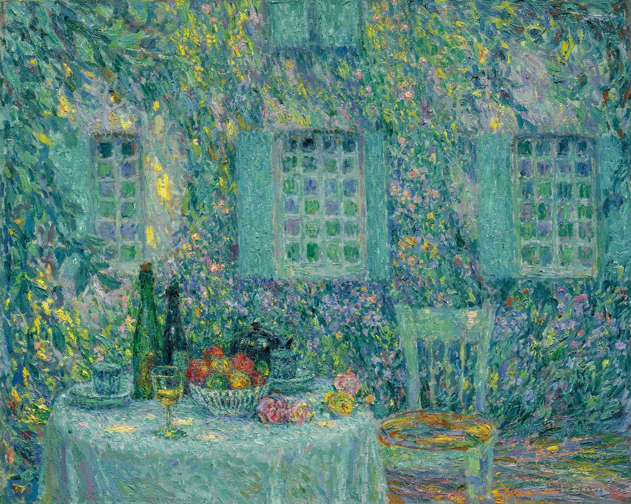 Bordet. Solen på bladene, Gerberoy - Peinture de Le Sidaner, Henri (1862-1939) av Henri Eugene Augustin Le Sidaner