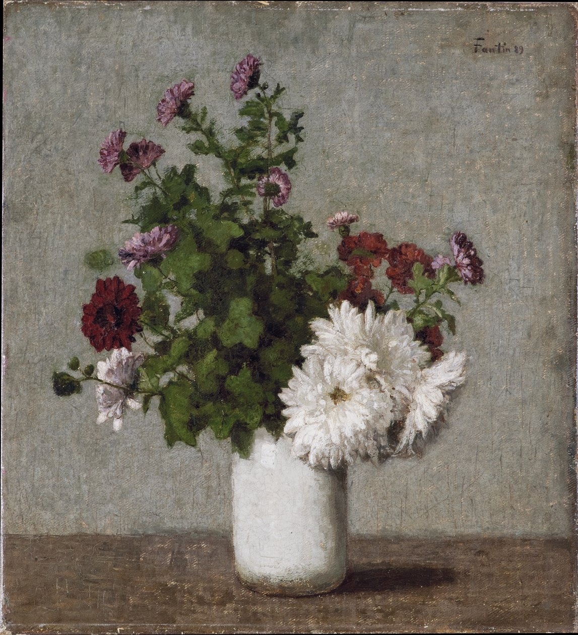Blomsterstilleben: høstkrysantemum i en hvit vase av Henri Fantin-Latour