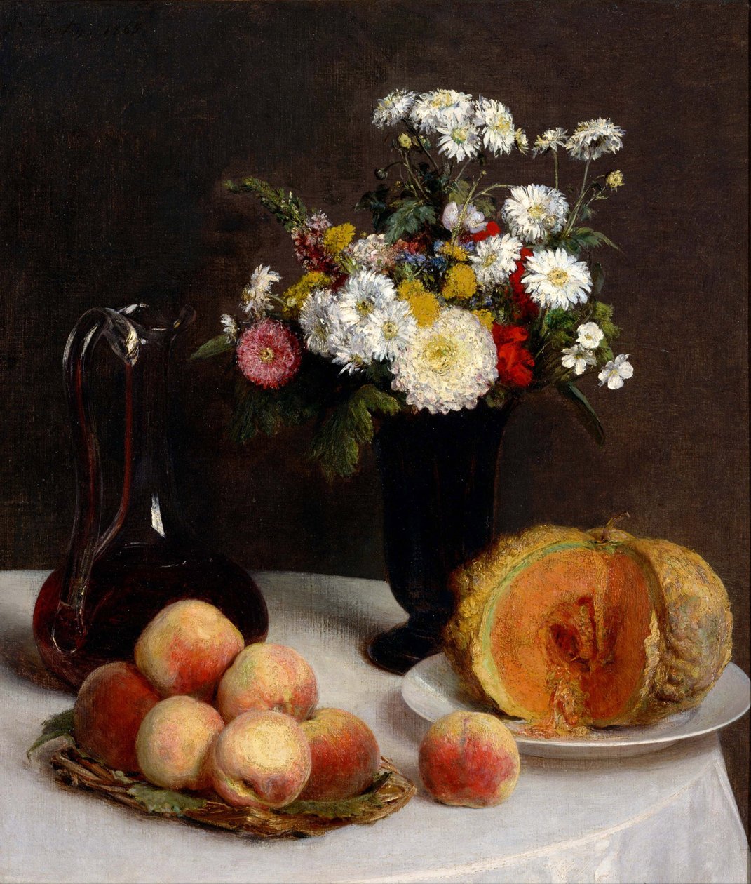 ""Stilleben med en karaffel vin, blomster og frukt"" Fersken og melonmaleri av Henri Fantin-Latour (1836-1904) 1865 National Museum of Western Art, Tokyo, Japan av Ignace Henri Jean Fantin Latour
