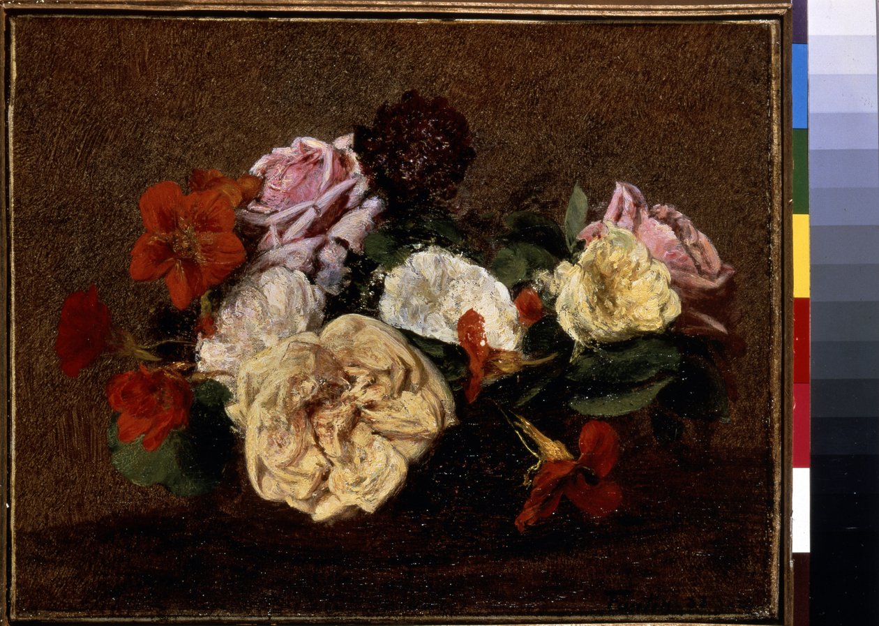 Roser og nasturtium i en vase. Maleri av Henri Fantin-Latour (Fantin Latour av Ignace Henri Jean Fantin Latour