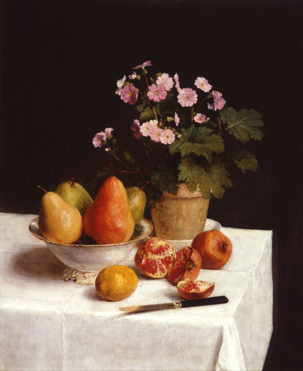 Stilleben (primulaer, pærer og granatepler) av Henri Fantin-Latour
