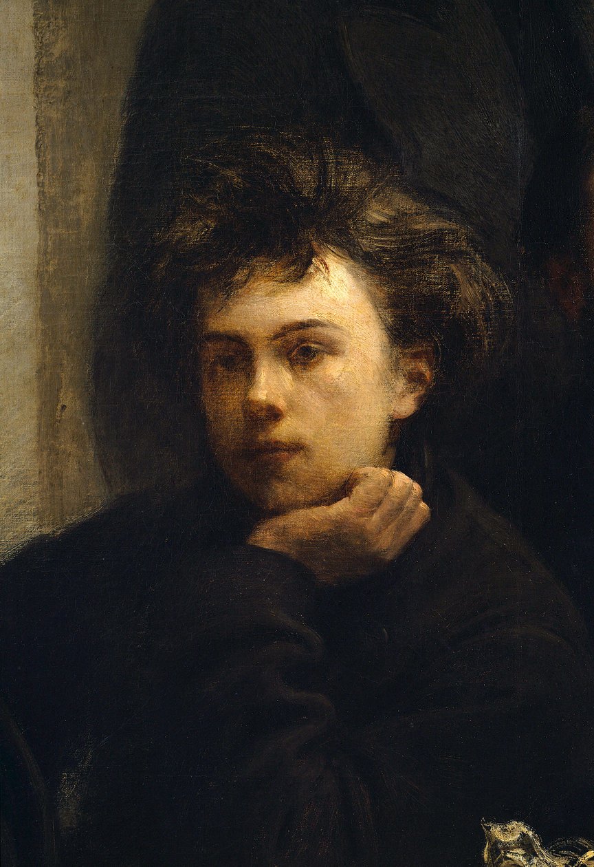 Et hjørnebord, detalj. Portrett av Arthur Rimbaud (1854 - 1891), fransk poet. Maleri av Henri Fantin Latour (Fantin-Latour av Ignace Henri Jean Fantin Latour