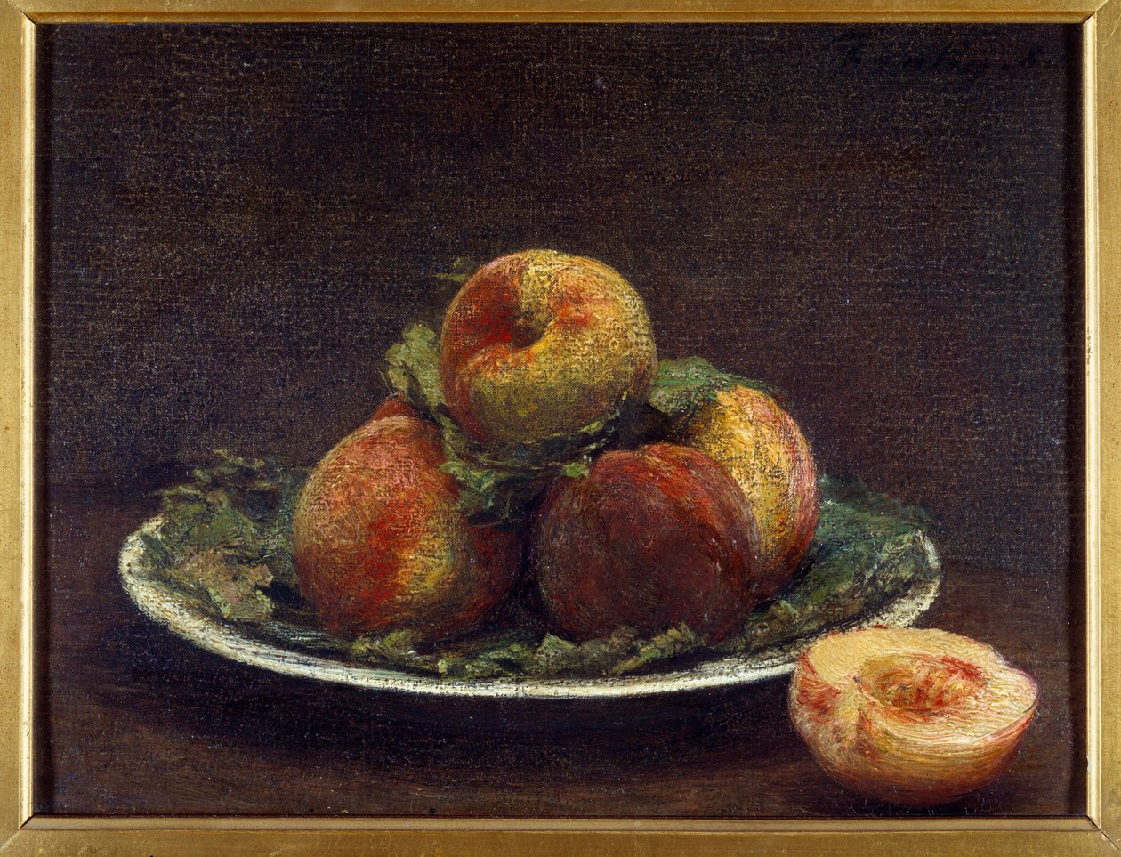 En tallerken med pecher Maleri av Henri Fantin Latour (Fantin-Latour av Ignace Henri Jean Fantin Latour