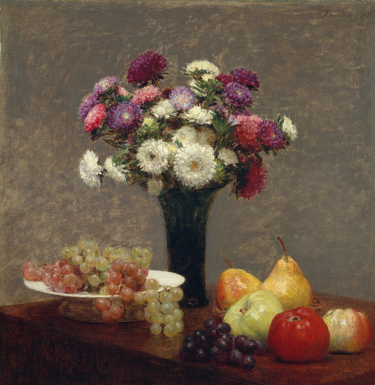 Asters og frukt på et bord, 1868. av Ignace Henri Jean Fantin Latour