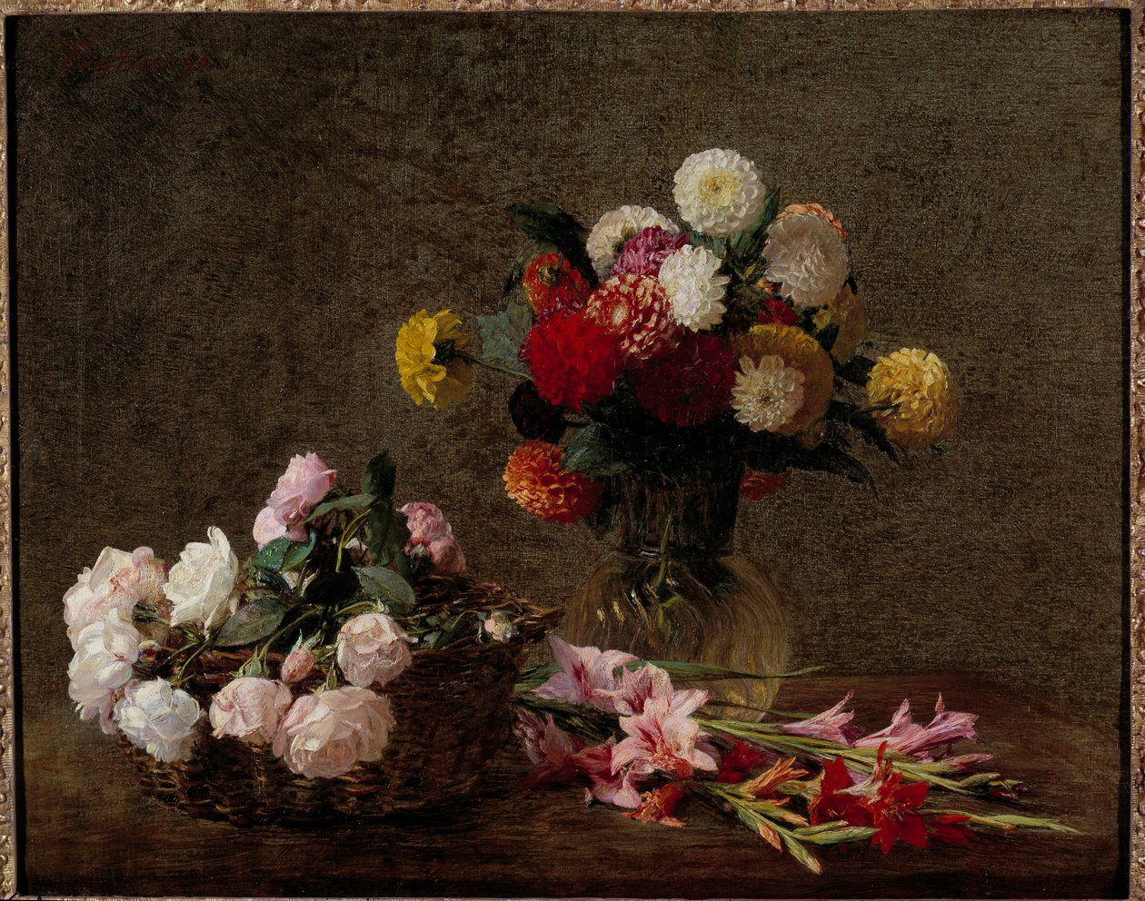 Georginer og roser i en kurv Maleri av Henri Fantin Latour (Fantin-Latour av Ignace Henri Jean Fantin Latour
