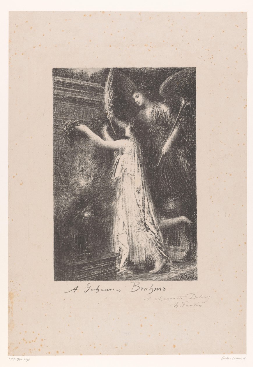 Engel og personifisering av berømmelse bringer en æreskrans ved graven til Johannes Brahms Á Johannes Brahms (tittel på objekt) av Ignace Henri Jean Fantin Latour