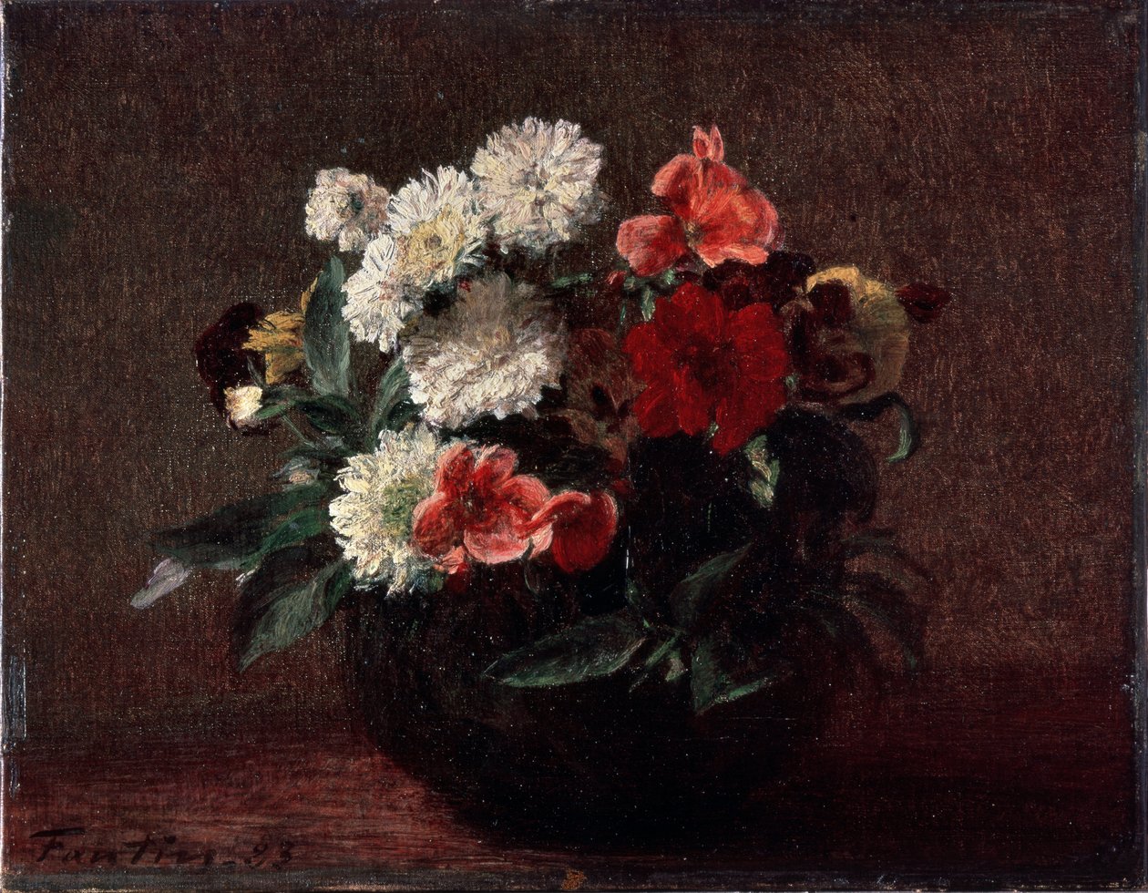 Blomster i en fajanse vase. Maleri av Henri Fantin-Latour (Fantin Latour av Ignace Henri Jean Fantin Latour