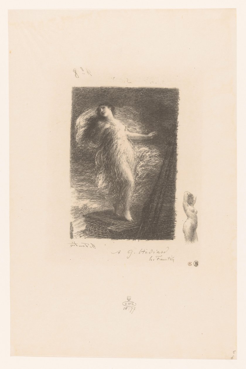 Den unge kvinnen fra Taranto valt fra en båt Den unge Tarentina Elegy XX (i gammel stil) Gedichten van André Chénier (serietittel) Illustrasjoner til diktene til André Chénier (serietittel) av Ignace Henri Jean Fantin Latour