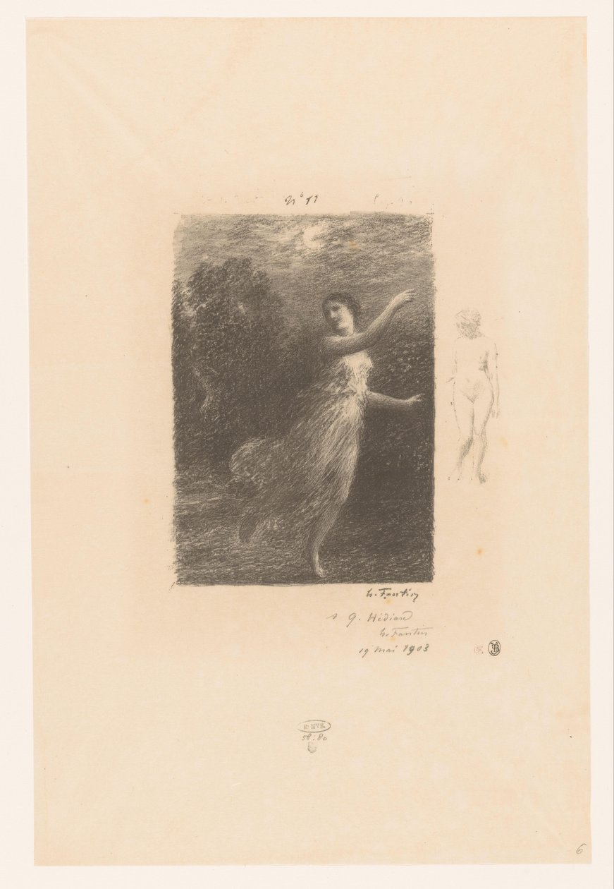 Nimf flight weg for sater Om natten den vandrende nymfen Bukolikere. Idyller og fragmenter av idyller. XXIV Gedichten van André Chénier (serietittel) Illustrasjoner til diktene til André Chénier (serietittel) av Ignace Henri Jean Fantin Latour