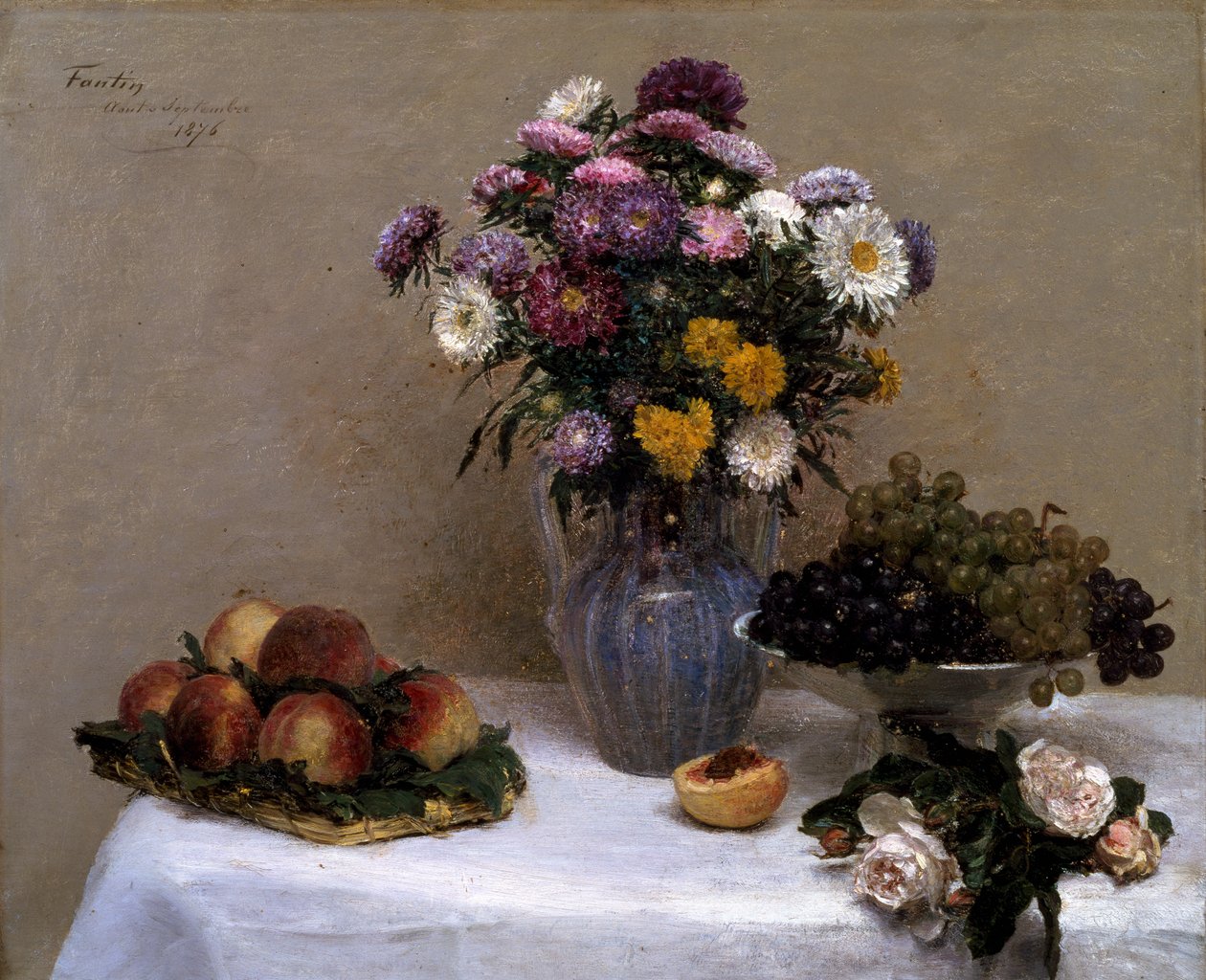 Hvite roser og krysantemum i en vase av Ignace Henri Jean Fantin Latour