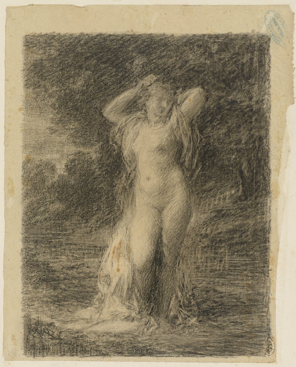 Stående naken kvinne i et skogslandskap med vann av Ignace Henri Jean Fantin Latour