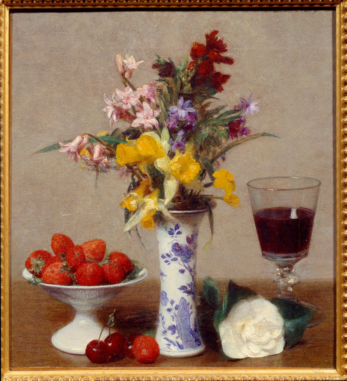 Stilleben kalt forlovelsen Et glass rødvin, en bukett melange, kirsebær og jordbær. Maleri av Henri Fantin Latour (Fantin-Latour) (1836-1904) 1869 Søn. 0,32x0,29 m Grenoble, musee des Beaux Arts av Ignace Henri Jean Fantin Latour