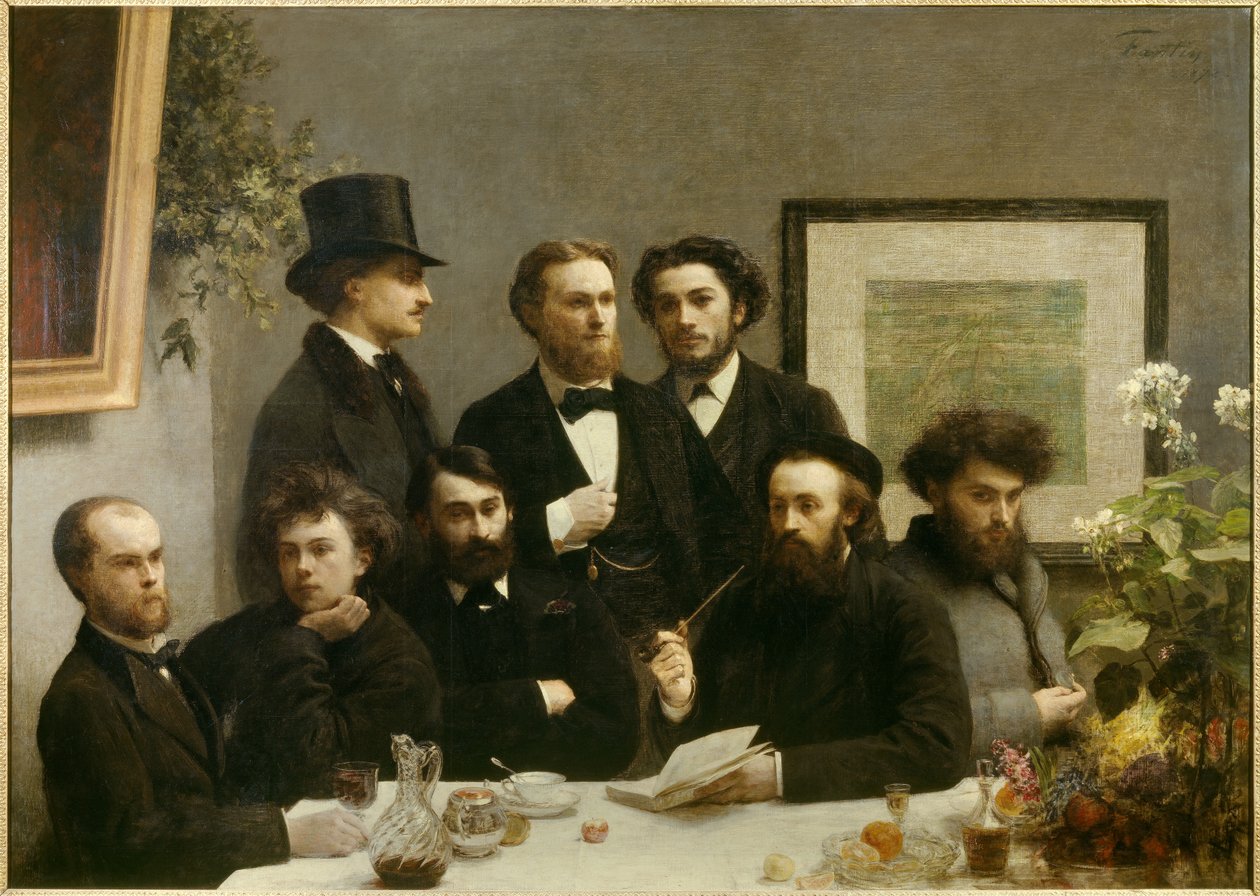 Bordhjørne Representasjon av et møte mellom, fra venstre mot høyre, Paul Verlaine, Arthur Rimbaud, Elzear Bonnier, Leon Valade, Emile Blemont, Jean Aicart, Ernest d