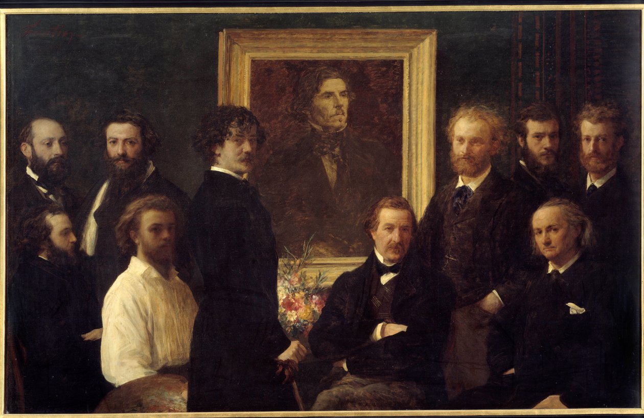 Hyllest til Eugene Delacroix. Karakterene som er representert er Louis Edmond Duranty (bokstavens mann), James Abbott Mac Neill Whistler (maler), Champfleury, Jules Husson (bokstavens mann), Edouard Manet, Charles Baudelaire, Louis Cordier, Alphonse Legros av Ignace Henri Jean Fantin Latour