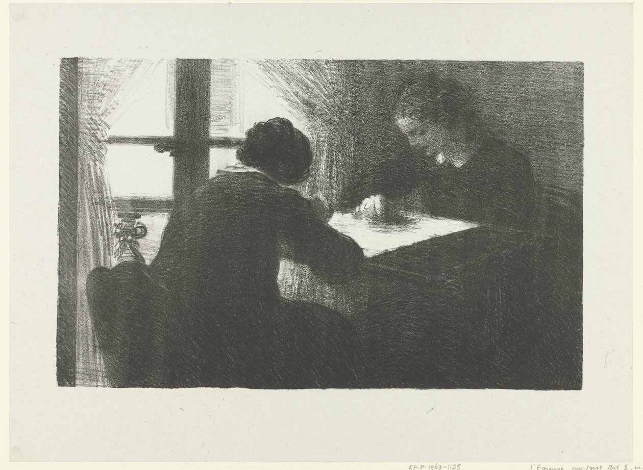 To kvinner broderer ved et bord ved et vindu i interiøret Intérieur de brodeuses L'Epreuve (serietittel) av Ignace Henri Jean Fantin Latour