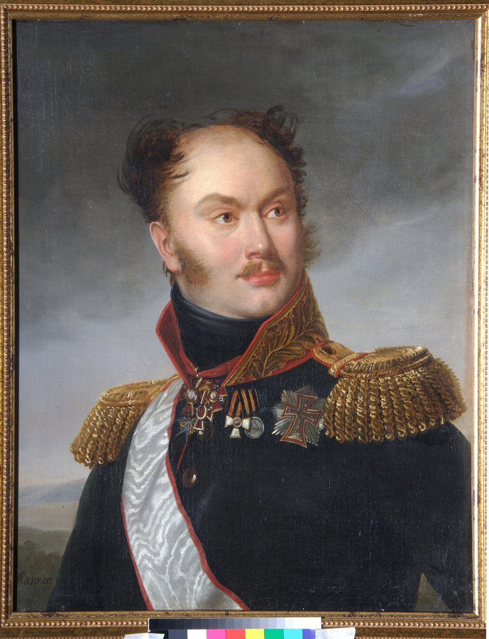 Portrett av grev Mikhail (Michael) Fyodorovich Orlov (1788-1842). Decembrist (eller Decembrist) er representert med sine militære og æresdekorasjoner. Maleri av Henri Francois Riesener (1767-1828), olje på lerret, ca. 1818. Fransk kunst av Henri Francois Riesener