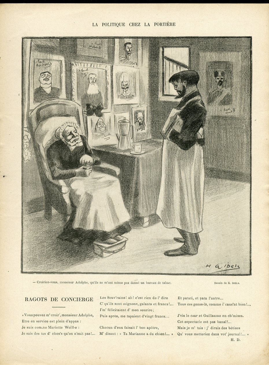 Illustrasjon av HG Ibels (1867-1936) i Le Rire, 08/01/10 - Politics in the Portiere - Foreign Sovereigners, Identifier - Loubet Emile av Henri Gabriel Ibels