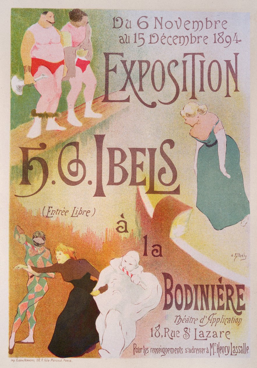 Reproduksjon av en plakat som reklamerer for en utstilling av H. G. Ibels, på Bodiniere, Rue St Lazare, Paris, 1894 (se 126852) av Henri Gabriel Ibels
