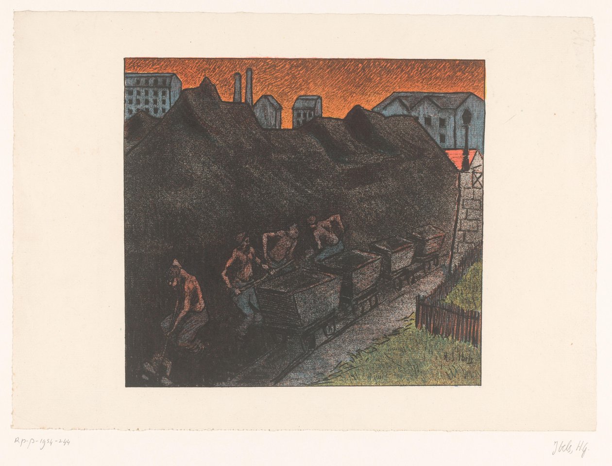 Fire gruvearbeidere måker kull i vogner Au parc de charbon Forestillinger av Théâtre Libre (serietittel) Les Programs du Théâtre Libre (serietittel) av Henri Gabriel Ibels