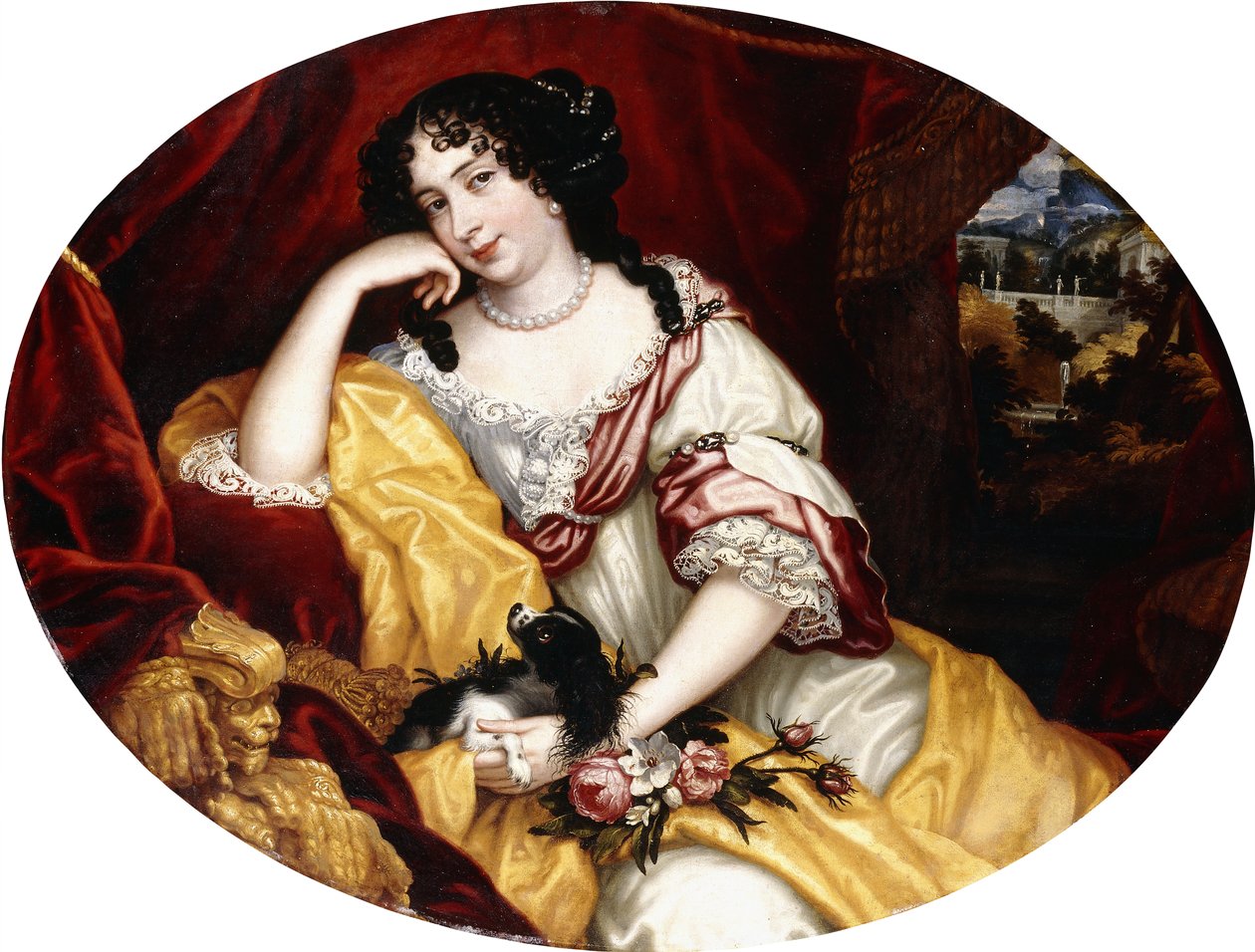 Portrett av en dame, sittende i trekvart lengde, med hunden hennes foran et åpent vindu, et italiensk landskap utenfor, av Henri Gascar