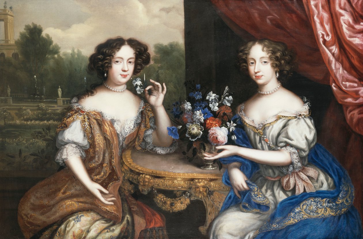 Et dobbeltportrett av Lady Maria Somalia og Lady Anne Barrington, sittende tre fjerdedels lengde ved et bord med en vase med blomster, av Henri Gascard
