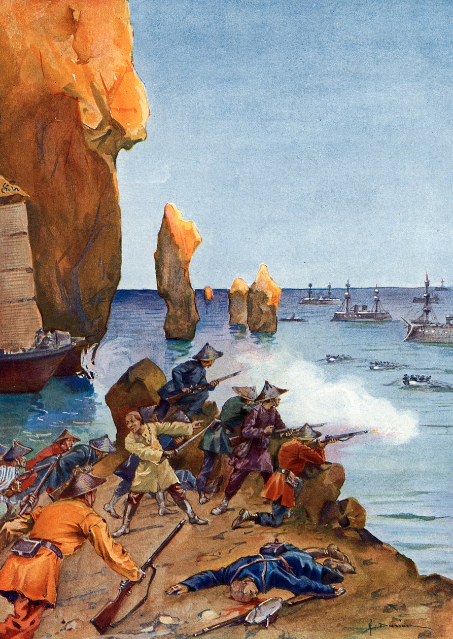 Kolonisering av Tonkin: "" Den franske admiralen Amedee Courbet ledet sin flåte i Along Bay (Ha Long) i august 1883, Vietnam" (Tonkin Campaign: Admiral Amedee Courbet i Along Bay i juli - august 1883 med betydelige marineforsterkninger ytter av Henri Gaston Darien
