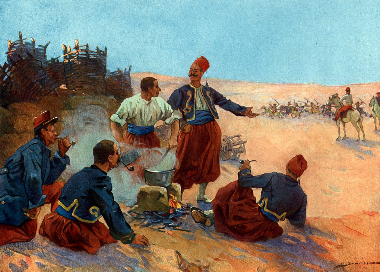 Conquete de Algerie: "" bivouac de zouaves de l'armee francaise sous le commande du General Bugeaud au la revolt d'Abd el-Kader, juin 1836" (fransk erobring av Algerie: franske zouave-soldater under Bugeaud-kommando under kampanje mo av Henri Gaston Darien