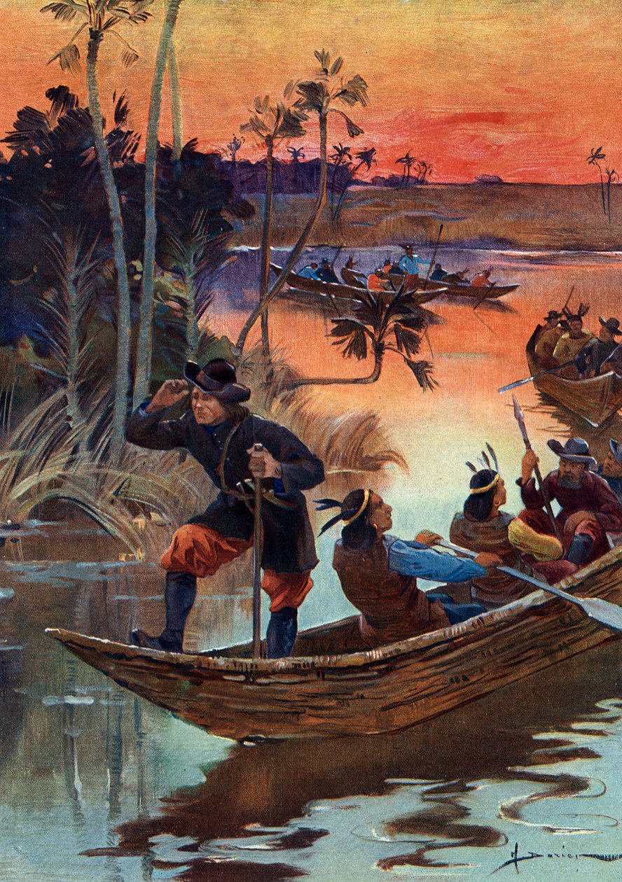 Rene Robert Cavelier de La Salle (1643-1687), fransk oppdagelsesreisende og hans følgesvenner som går nedover Mississippi-elven for Frankrike av Henri Gaston Darien