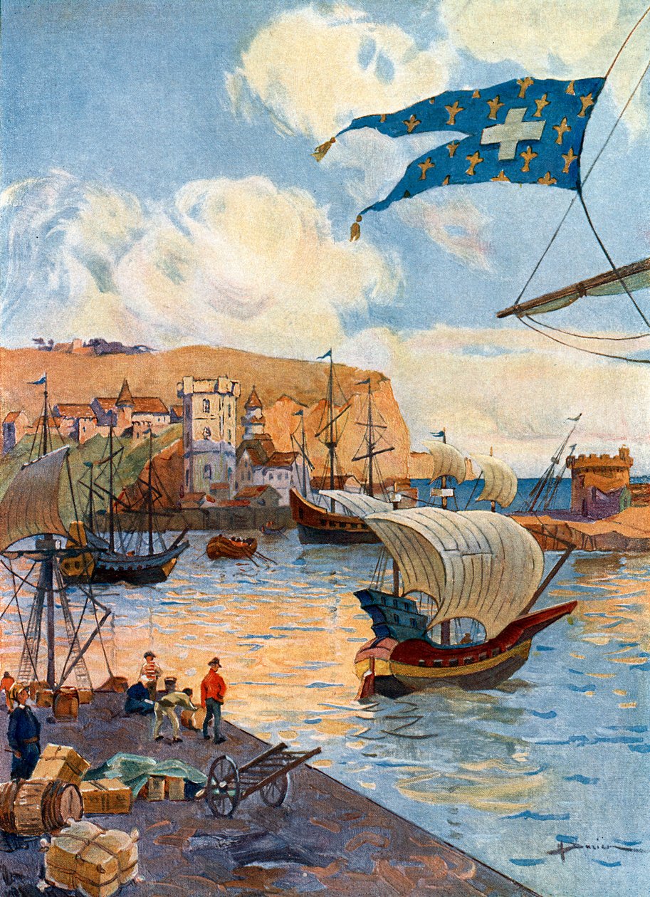 Utsikt over byen Dieppe i Normandie på tiden til den franske oppdageren Jean Cousin, slutten av 1400-tallet Illustrasjon av Gaston Henry Darien (1864-1926) fra "Notre epopee coloniale" av Pierre Legendre av Henri Gaston Darien